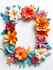 Paper cut flowers with frame on pink background. Paper art style