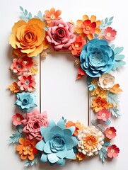 Paper cut flowers with frame on pink background. Paper art style