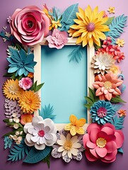 Paper cut flowers with frame on pink background. Paper art style