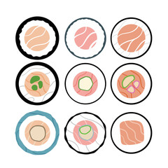 Sushi roll set. Circle round traditional japanese food. Flat style vector illustration isolated on white