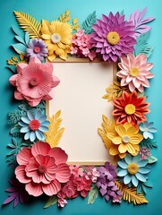 Paper cut flowers with frame on pink background. Paper art style