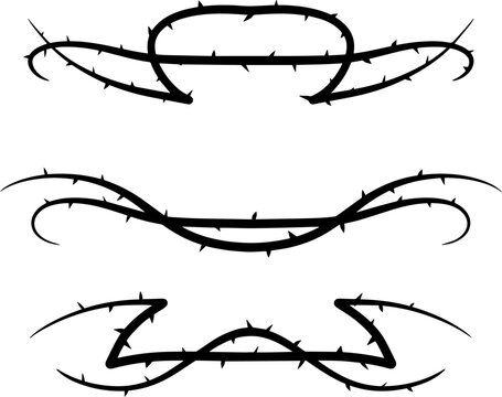 Thorn branch or vine. Element of tattoo with spike. Natural intertwined pattern. Black illustration isolated on white