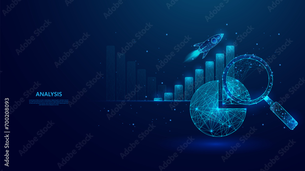 Poster rocket launch, bar graph, pie graph, magnifying glass. growth analysis data in low poly concept blue background and sparkling stars.