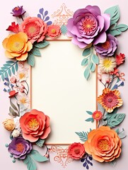 Paper cut flowers with frame on pink background. Paper art style