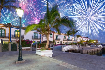 Foto op Canvas New years fireworks display over the Puerto de Mogan town, Gran Canaria. Spain. © Patryk Kosmider