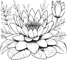 Lotus flower coloring book hand drawn botanical spring elements bouquet of waterlily line art, coloring page, vector sketch, artistic simplicity doodle art, Easy waterlily flower drawing, pansy flower