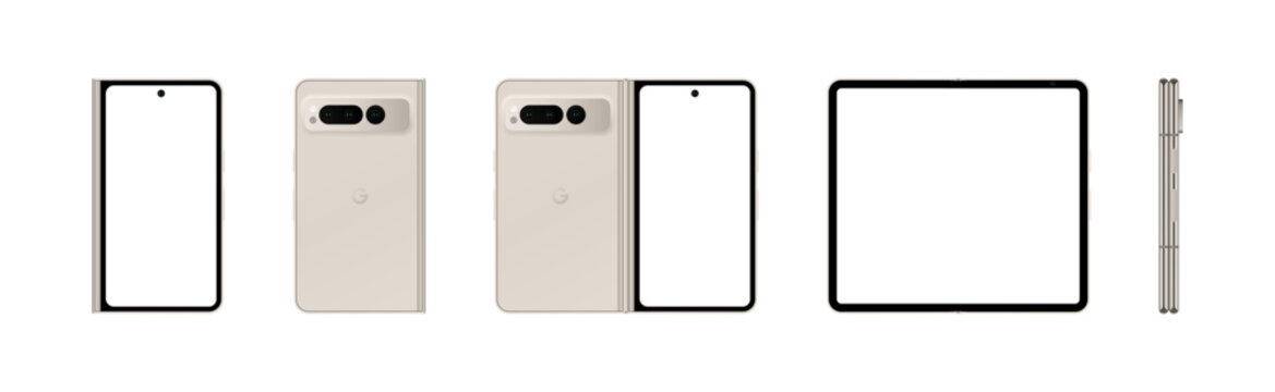 Google Pixel 8 Pro phone screen layout. Smartphone Dual Google Pixel 8 Pro set. Isolated Dual Google Pixel 8 Pro display layout. Dual Phone screen mockup set. White color. Editorial vector