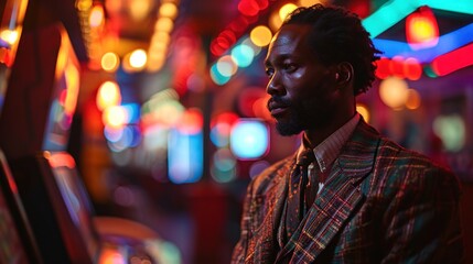 Portrait of a handsome african american man in stylish jacket playing slot machine.