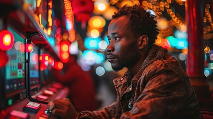 African american man playing slot machine at night in the city.