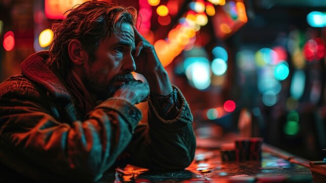 Portrait of a sad man sitting at the table in a casino.