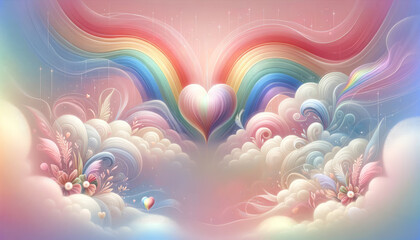 valentine card with rainbow in clouds, pastel colors, unicorn field concept background