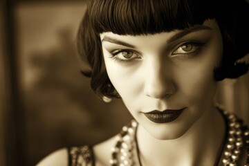 Elegance of the Roaring Twenties. Sepia-Toned Close-Up Portrait of a Stylish Flapper Woman Captures...