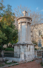 The Choragic Monument of Lysicrates, in the historic Plaka neighborhood, near the Acropolis of Athens, in Greece.