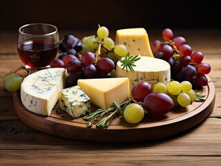 Wine glass with red wine on a tray with assorted cheeses and grapes. Restaurant food concept.
