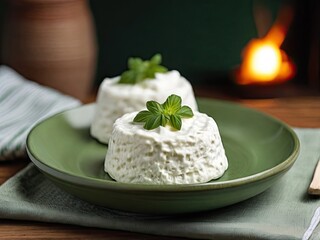 Two servings of homemade cottage cheese, decorated with mint, on a green ceramic plate on a blurred background. Natural products concept. - Powered by Adobe