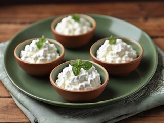 Four servings of farm cottage cheese on a green ceramic plate on a linen napkin on a wooden table. Natural products concept.