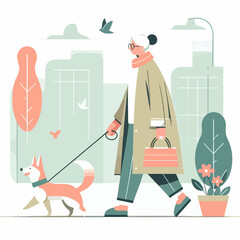 vector character of grandmother with dog in urban area