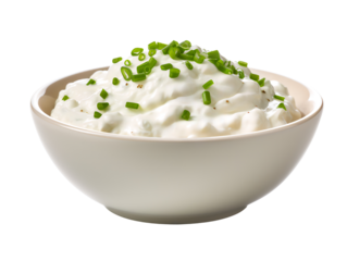 Sour cream and onion in bowl, isolated on a transparent or white background