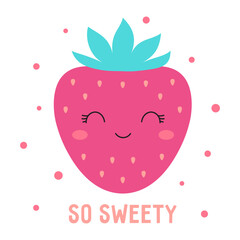 vector illustration with cute strawberry character, cartoon card with funny fruit, berry with face in flat simple style, design for kids