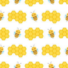 seamless pattern with honeycomb and bees, cartoon vector illustration on white background