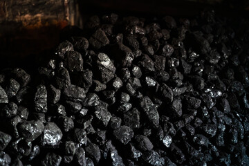 Heaps of coal. Natural black coals for house heating. Industrial fossil coal.