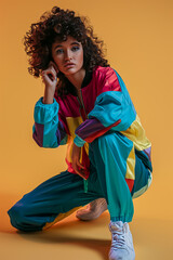 Sporty woman in colorful fitness outfit 80s retro fashion model poses gym concept	