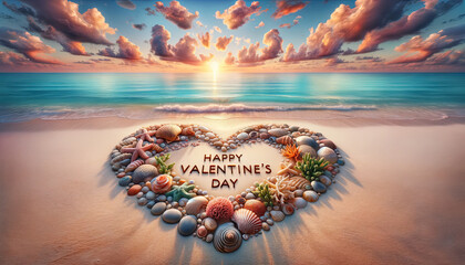 Illustration of Valentine card on summer beach resort background. Honeymoon. Tourism - obrazy, fototapety, plakaty