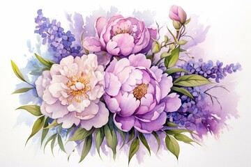 Bouquet of watercolor peonies and lilacs. Generative AI - obrazy, fototapety, plakaty