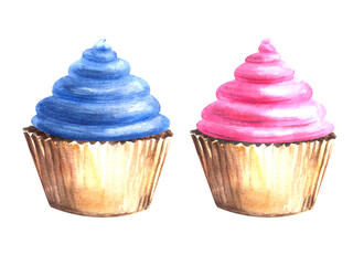Set of watercolor cupcakes with pink and blue cream. Hand drawn delicious food watercolor illustration. Clipart for birthday party, baby shower card, invitation, print. Isolated on white background.