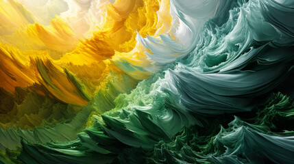 Surreal and abstract spiky wave patterns. Flowing turbulent fluid in a Zero G environment. Green and yellow colour. Desktop wallpaper.