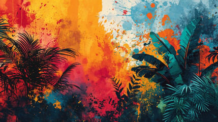 Illustrated Tropical Splendor: an abstract watercolor jungle. VIbrant splashes of color. Leaves and palm fronds.