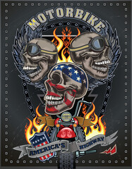 Motorbike and Skeleton Rider.  Vintage Biker Skull Emblem - obrazy, fototapety, plakaty