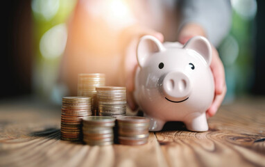 han holding piggy bank  with many coins.Saving money concept.