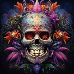 Kaleidoscopic Floral Skull Design Celebrating Mexican Heritage and Ancestral Spiritsใ Vibrant Mayan Skull Embellished with Flowers for Dia de los Muertos Festivities
