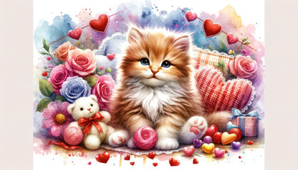 cute kitten surrounded in flowers and hearts. valentines day. To create postcards, invitations - obrazy, fototapety, plakaty