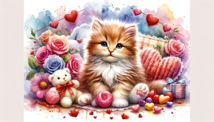 Fotobehang cute kitten surrounded in flowers and hearts. valentines day. To create postcards, invitations © zamuruev