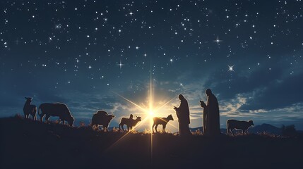 Heilige Nacht: Stern von Bethlehem über den Silhouetten von Jesus, Maria und Joseph - obrazy, fototapety, plakaty