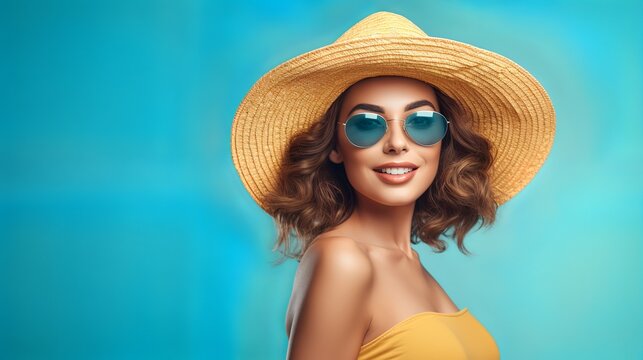 a pretty lady wear sunglasses and big hat