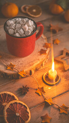 Cute cozy winter composition. red mug, marshmallows, oranges and Christmas lights.