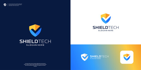 Colorful shield logo design. negative space check mark approved icon.