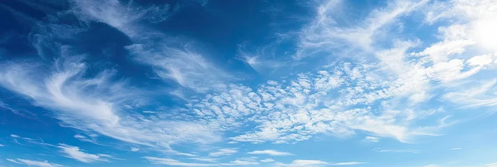 Poster blue sky background, a clear blue sky adorned with fluffy clouds. Perfect for travel brochures, inspirational posters, and nature-themed designs.Summer blue sky cloud gradient light white background © Planetz