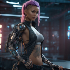 Beautiful cyberpunk girls, pink hair, beautiful background, city, tattoo