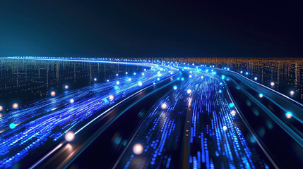 A highway with many lights and lines suitable for transportation, infrastructure, urban development, and travel-related designs. Sreaming data, binary data moving on a digital roa