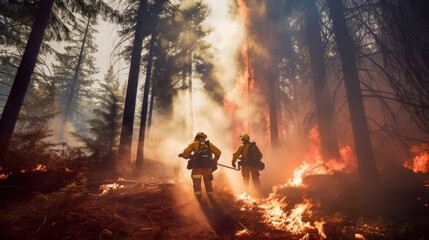 A highly skilled hotshot firemen working on challenging remote area with flames reaching the treetops. - obrazy, fototapety, plakaty
