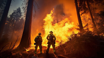 Fototapeta premium A highly skilled hotshot firemen working on challenging remote area with flames reaching the treetops.