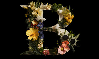 Capital Letters “B” with flowers isolate on black background.