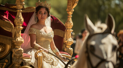 In a grand display of style, a Hispanic teenager wearing a gold tiara arrives at her quinceañera on a horse-drawn carriage.