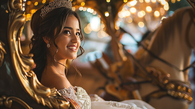 A radiant Spanish teenager makes a grand entrance at her quinceañera, arriving in an elaborate carriage