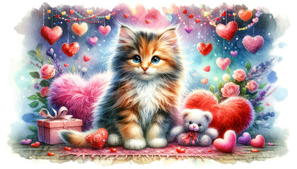 watercolor illustration of cute kitten valentines day card. To create postcards, invitations - obrazy, fototapety, plakaty