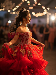 A Latina teenager, wearing a red dress, joyfully dancing at her quinceañera.